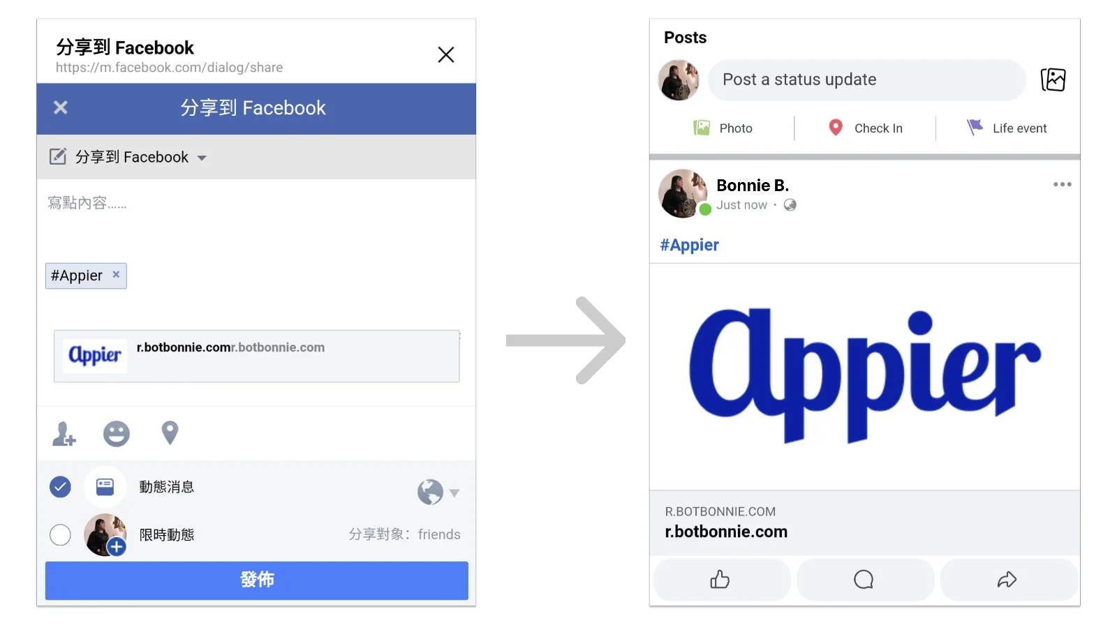 使用者點擊分享到 Facebook 後，在分享視窗發佈，貼文出現在動態消息